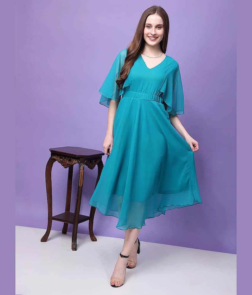 kg trenzz Women Georgette Solid Fit & Flare Dress ( Sea Green )