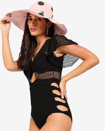 Black Solid Cut-Out One-Piece Swimsuit-S