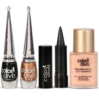 Color Diva Face & Eye Tuning Golden & Black Eyeliner,Kajal With Foundation Makeup Kit Pack of 5