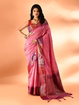 Pink Pure Cotton Silk Banarasi Weaving Saree