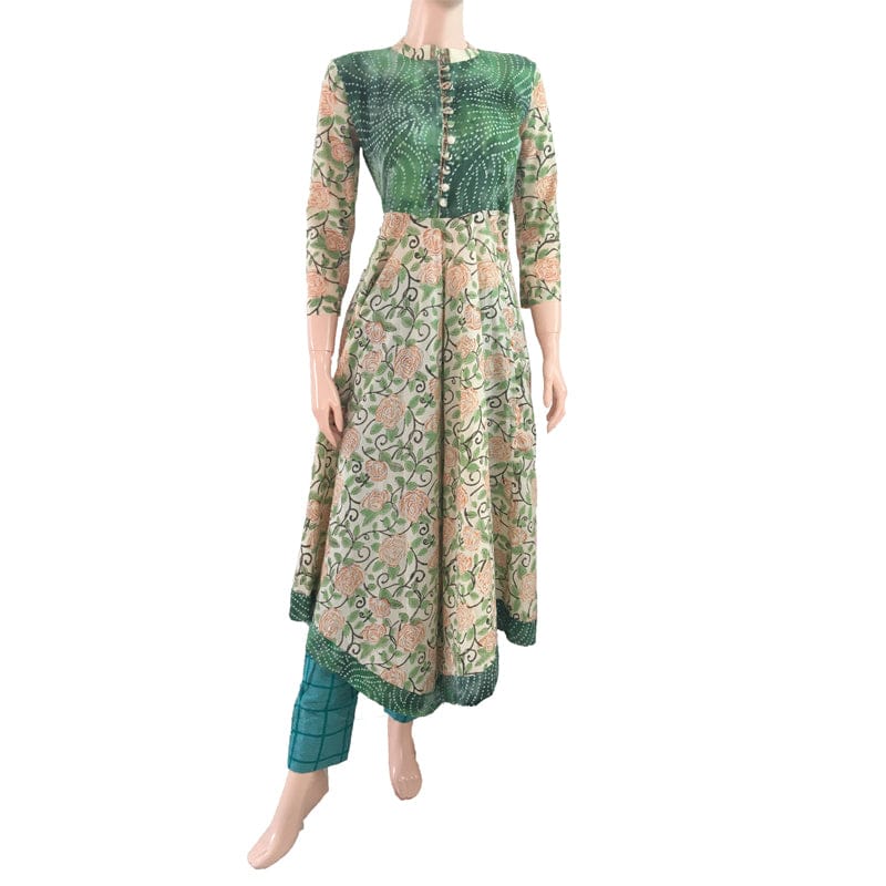 Jaipur Printed Cotton Anarkali Kurti with Mandarin Collar & Button Details, Cream - Green, KP1035-L