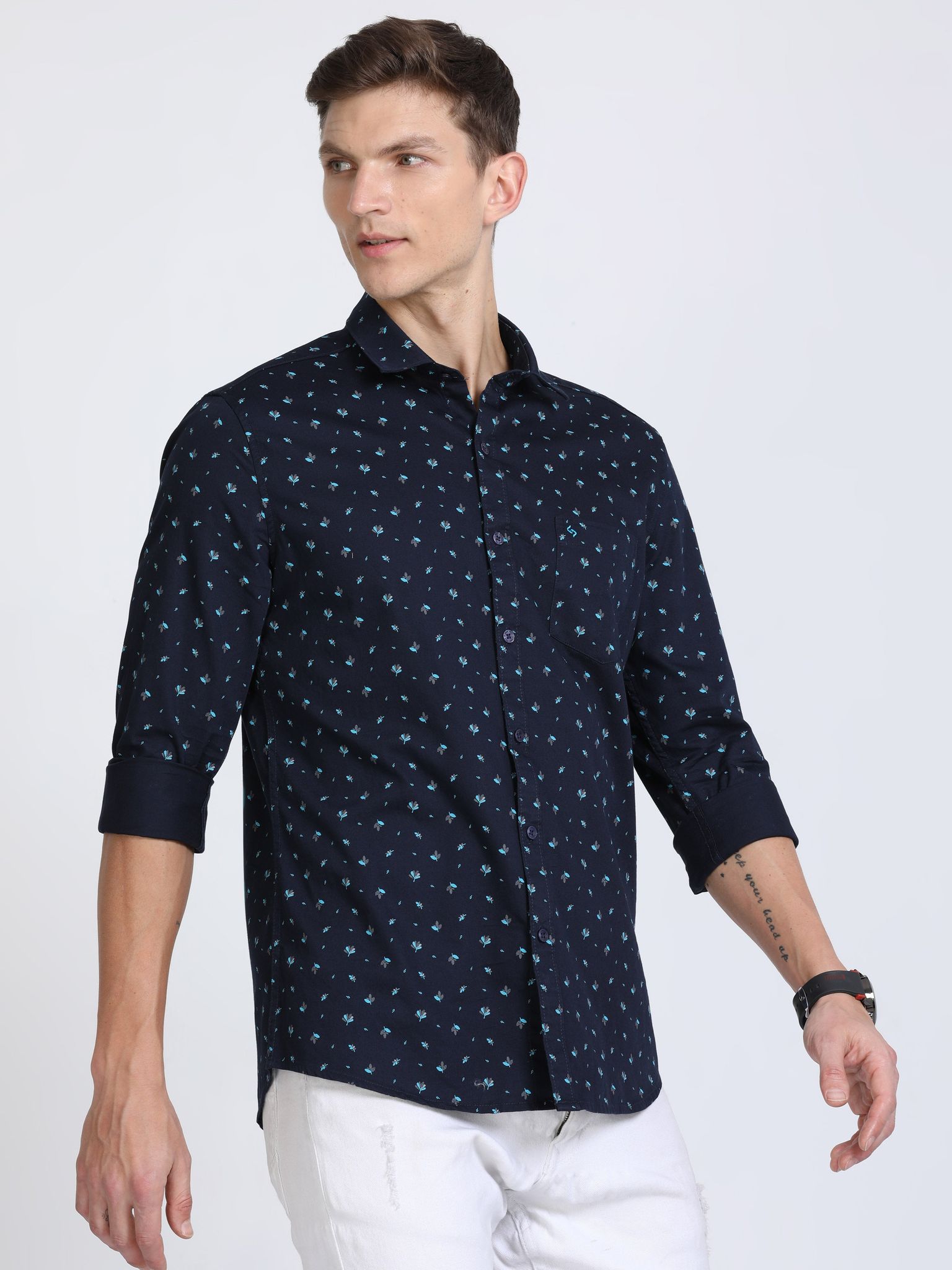 Classic Polo Mens Pure Cotton Full Sleeves Printed Slim Fit Polo Neck Dark Navy Color Woven Shirt | So2-165 B-Fs-Prt-Sf