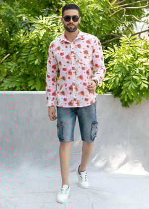 Linen Cotton Blend,Digital Print,Plain, Full Sleeves,Semi Slim Fit,White And Red And Green Floral, Men,Shirt-38
