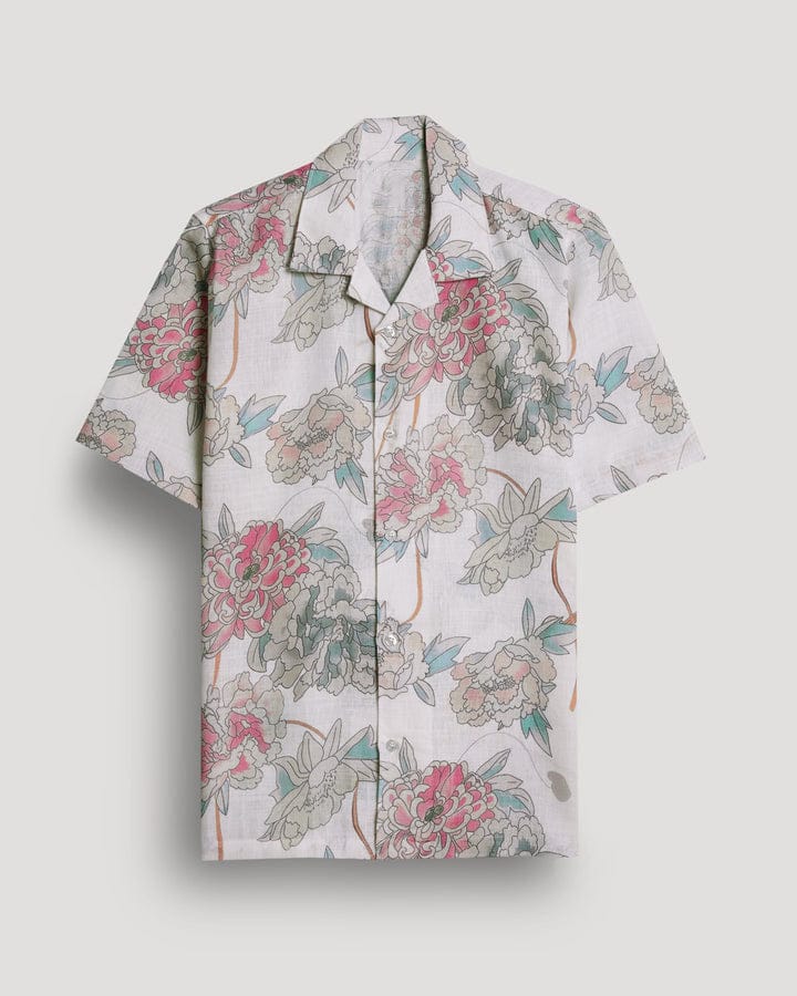 "Spring Blossoms: Embrace Elegance with GlamaStitch's White Floral Printed Linen Cotton Shirt"-M