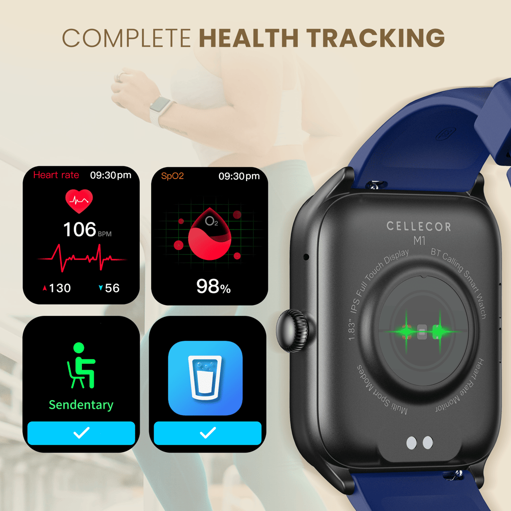 CELLECOR M1 Stew 1.83 IPS Display Smart Watch, Bluetooth Calling, Unlimited Watch Faces, 100+ Sports Modes, Health Suite, Voice Assistance (Black-Blue)