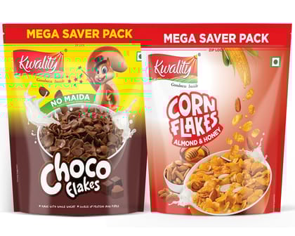 Kwality Choco Flakes 1Kg Pouch & Corn Flakes Almond & Honey 1Kg pouch