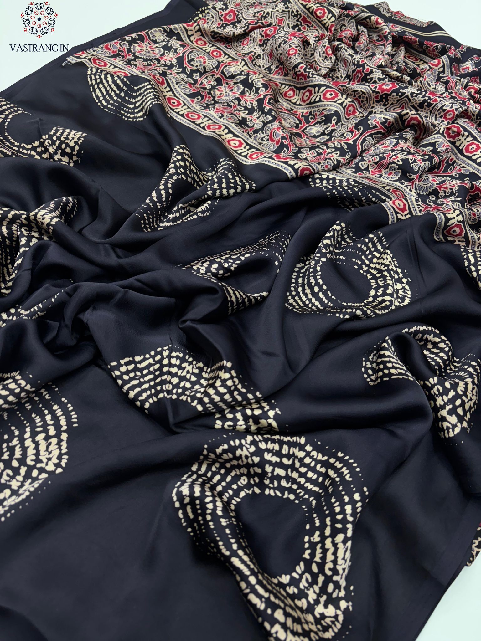 New Wedding Wear Pure Satin Silk Ajrak Printed Rich Pallu n Tussles Work Fancy Designer Saree-Black