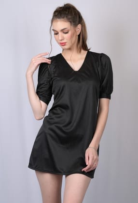 OWO THE LABEL Women Black V- Neck Midi Dress  (OTL-DRS1025)-Black / S