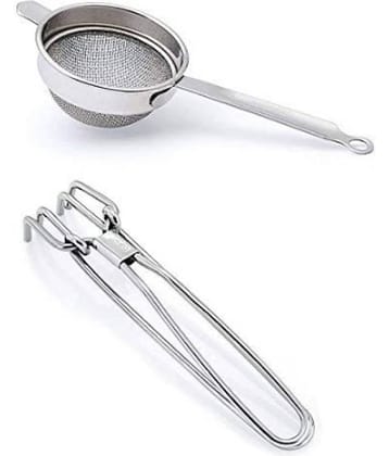 Stainless Steel Kitchen Combo - Heavy Duty Wire Tong/Gripper (Pakad) and Fine Mesh Tea Strainer – 2 Piece Set