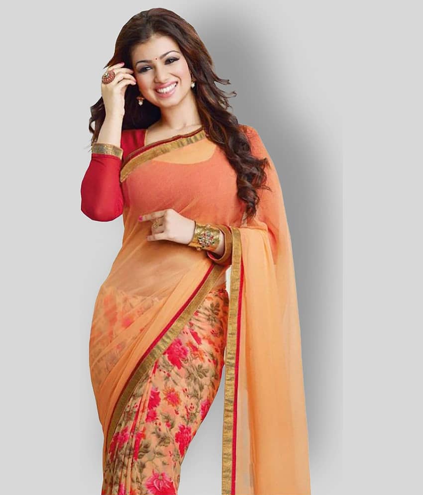 Gazal Fashions Georgette Printed Saree With Unstitched Blouse Piece ( Orange )