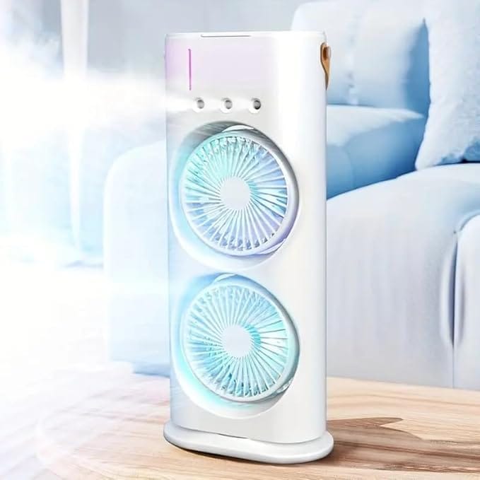 PYXBE Portable Double Ended Mist Spray Fan for Summer Room Cooling, USB Rechargeable Mini AC Air Cooler Misting Fans for Home,Table | Electric Cooler With 280ml Water, 7colors Led & Remote (L-White)