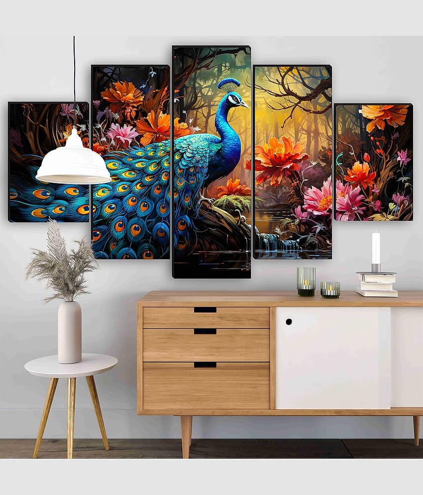 SNDArt Set Of 5 Modern Art Peacock Wall Paintings For Living Room 18 x 30 inch