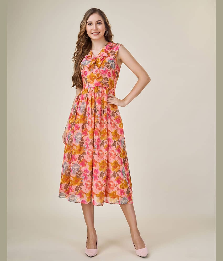 MOJILAA Women Georgette Printed Fit & Flare Dress ( Grey )