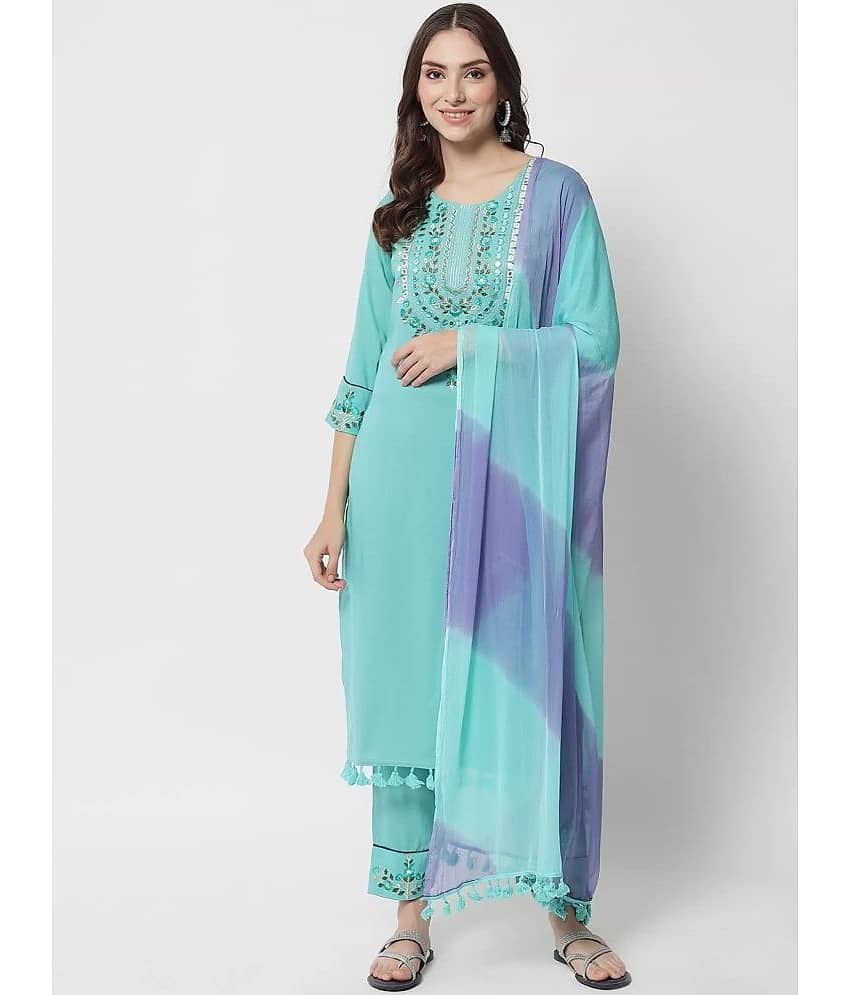 Estela Rayon Embroidered Kurti With Pants Women's Stitched Salwar Suit - Turquoise ( Pack of 1 )