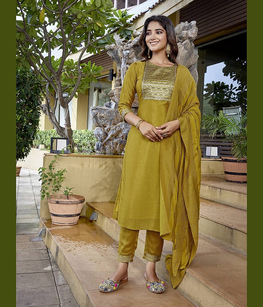 Royal Export Silk Blend Embellished Kurti With Pants Women's Stitched Salwar Suit - Yellow ( Pack of 1 )