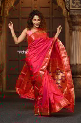 Parampara ~ Handloom Pure Silk Paithani Saree with Traditional Double Pallu in Rani Pink
