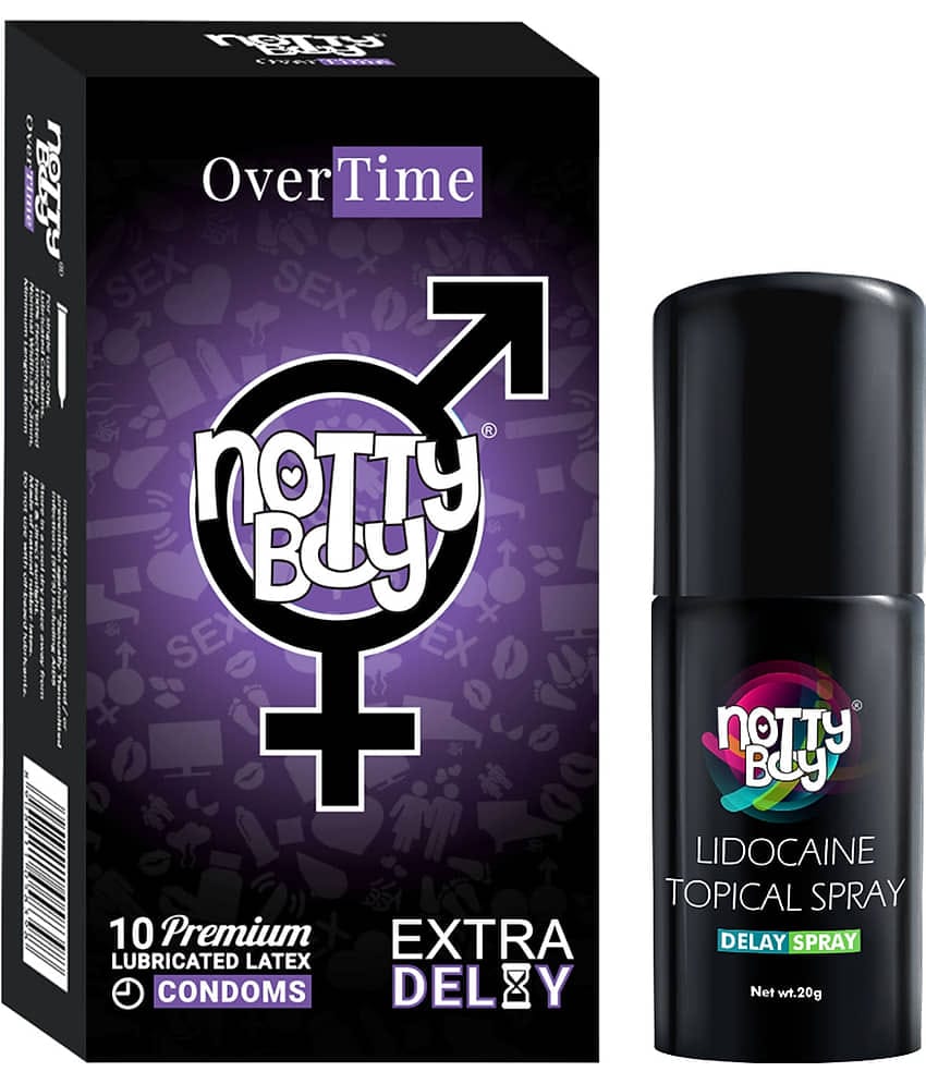 NottyBoy Long Last OverTime Spray 20gm with Extra Delay Condoms Pack of 10 Counts