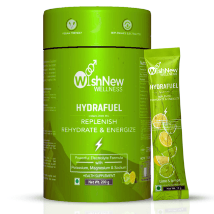 WishNew Wellness HydraFuel: Prime Electrolyte Energy Workout Drink Mix | Get Daily Hydration & Instant Energy Boost | Lemon & Lime Flavor with natural Sweetness| 20 Sachets | Suitable for Men & Women