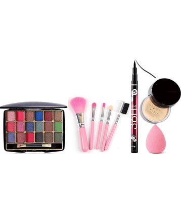 swenky eyeshadow with waterproof eyeliner loose powder beauty blender puff & makeup brush (Pack of 5)