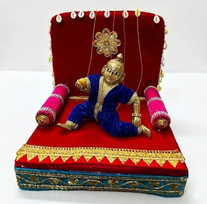 Divine Threads, Laddu Gopal Singhasan, Red, Velvet & Cowrie Shell Design  Size 3