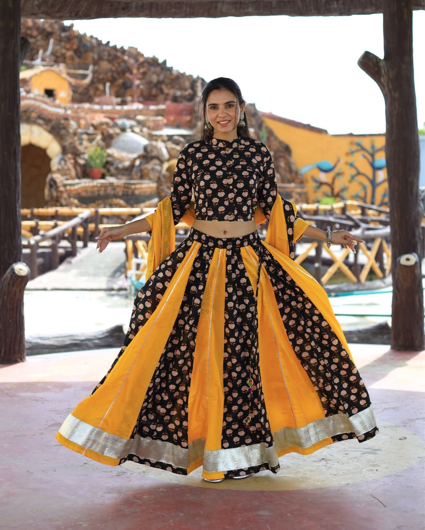 Festive Fusion Stitched Lehanga Choli Set Black & Yellow Blockprinted-32