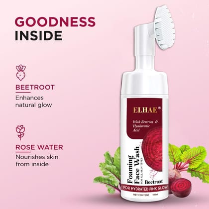 ELHAE Beetroot Gentle Foaming Face Wash Pack of 2, Built-In Brush for Deep Cleansing with Hyaluronic Acid for Hydrated Pink Glow, 150ml Each | Cleanses, Hydrates & Soothes Skin | Suitable for All Skin Types