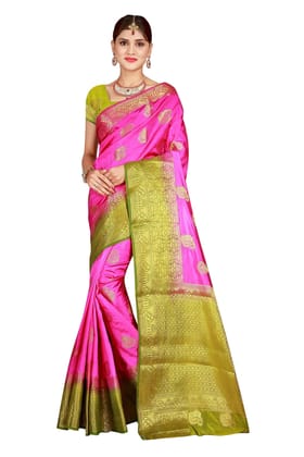 Narivastra Checks Dholak Mahendi and Pink Color Pure Banarasi Silk Saree