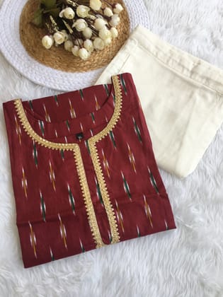 Maroon Ikkat Golden Lace - Knee Length - Cord Set - White Pant  - Pure Cotton-42 - XL