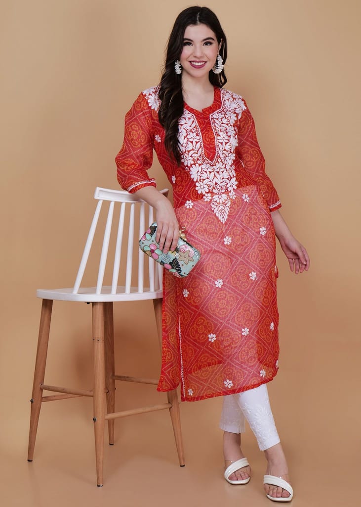 Traditional Kota Chikankari Straight Kurta - Red