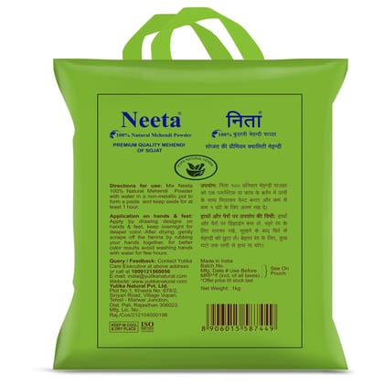 Neeta 100% Natural Mehendi Powder for Hair Colour 1kg, Pure Rajasthani Henna Powder with GI Tag for Hair, Hands & Feet, Rich Brown Shades