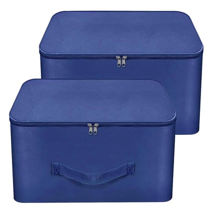 Storite 2 Pack Nylon Wardrobe Bag Underbed Moisture Proof Cloth Storage Organizer, Storage box for Clothes Saree Bags with Zippered Closure & Handle (Blue, 38x35.5x25.4 cm)