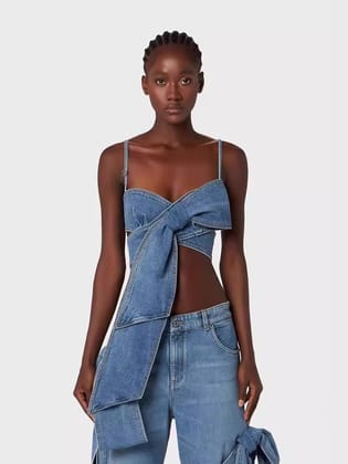 3D Bow Strap Tube Denim Top-S / Royal Blue