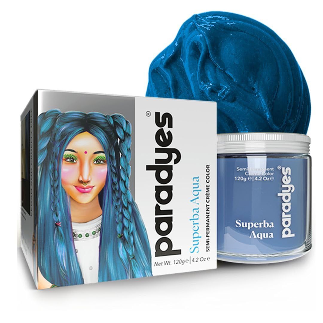 Paradyes Semi-Permanent Superba Aqua Hair Colour | Conditioner-Based DIY Colour | For Colour Refresh | Best on Pre-Lightened Hair | 120g Paradyes Semi-Permanent Superba Aqua Hair Colour | Conditioner-Based DIY Colour | For Colour Refresh | Best on Pre-Li