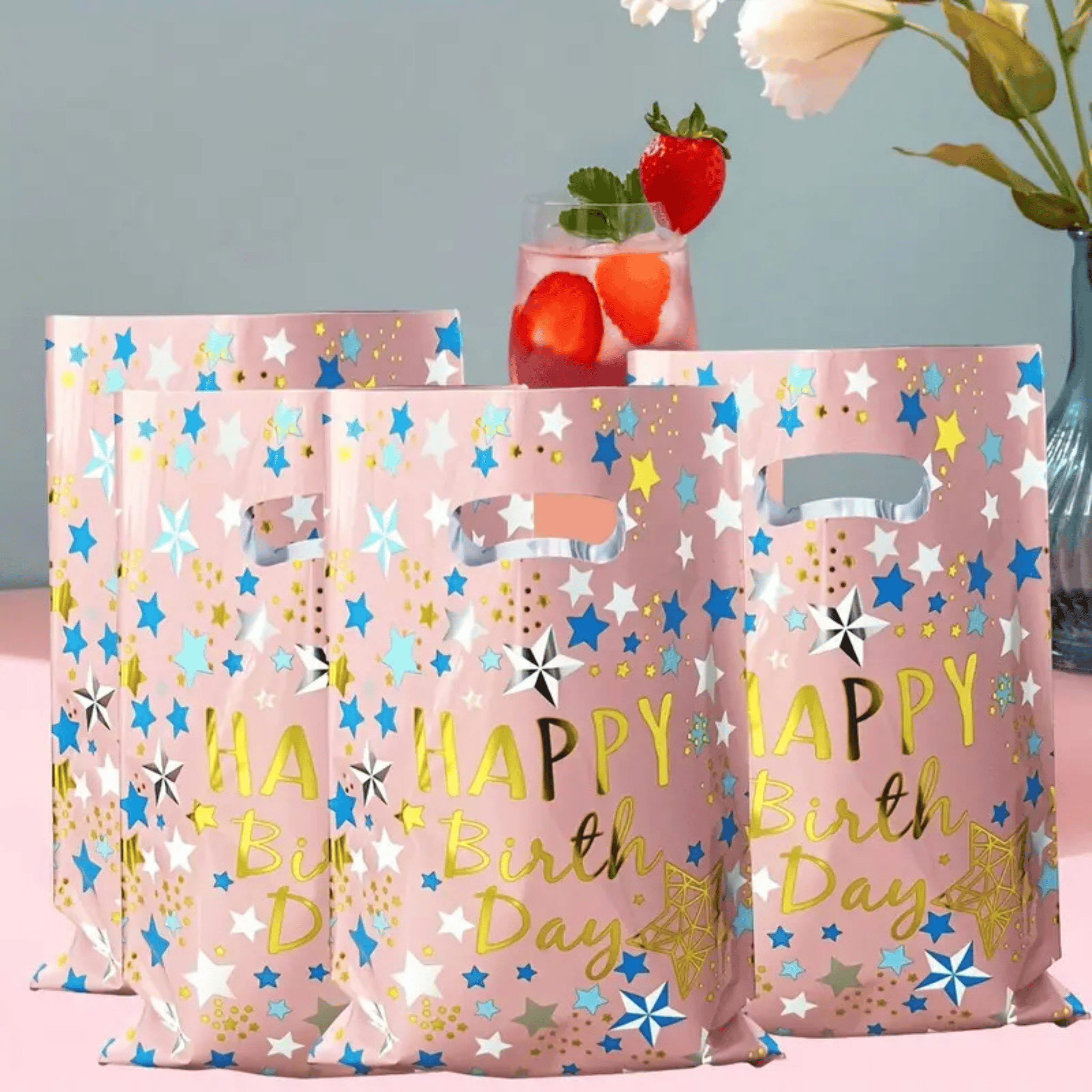 Happy Birthday Pink Foil Loot Bags for Retun Gifts or Khoibag Loots Combo - 20PC