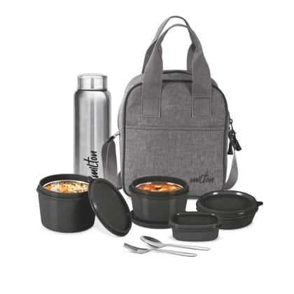 Milton Savor Lunch Tiffin with 4 Container + 1 Aqua 750 ML Bottle + 1 Steel Spoon and 1 Fork | Insulated Jacket | Set of 8 Pcs Black