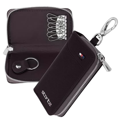 Storite PU Leather Large Key Case Pouch Wallet Key Chain Key Holder Ring with 6 Key Hooks,1 IC Key Ring, Metal Buckle With Zipper Closure. (7.5X2X12 CM - Coffee Brown)