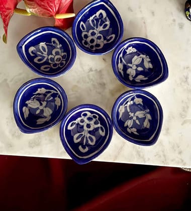 Blue Pottery Madhubani Design Diya - Set of 6