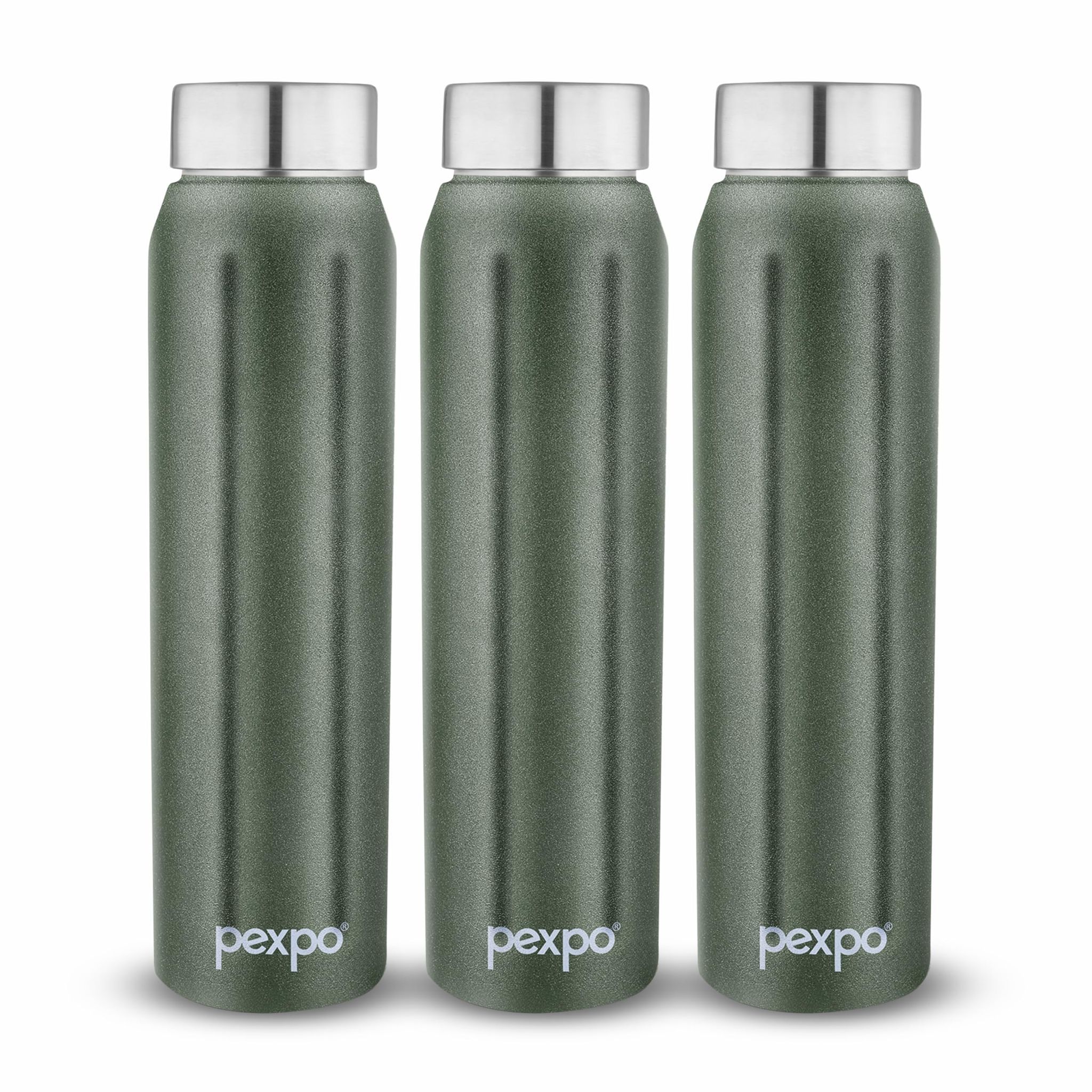 PEXPO Stainless Steel Fridge Water Bottle | 1000ml, Pack of 3, Military Green | Eco-Friendly Water Bottle Suitable For Adults & Kids
