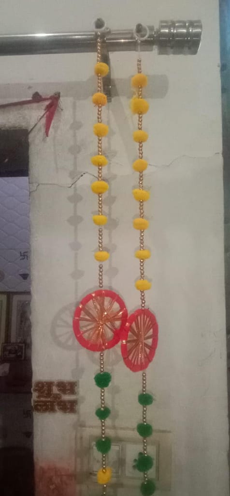 Festive Handcrafted Hanging Pompom 2 Chakri, Garland, Bandarwal, Torans for Diwali, Navratri, and Wedding.