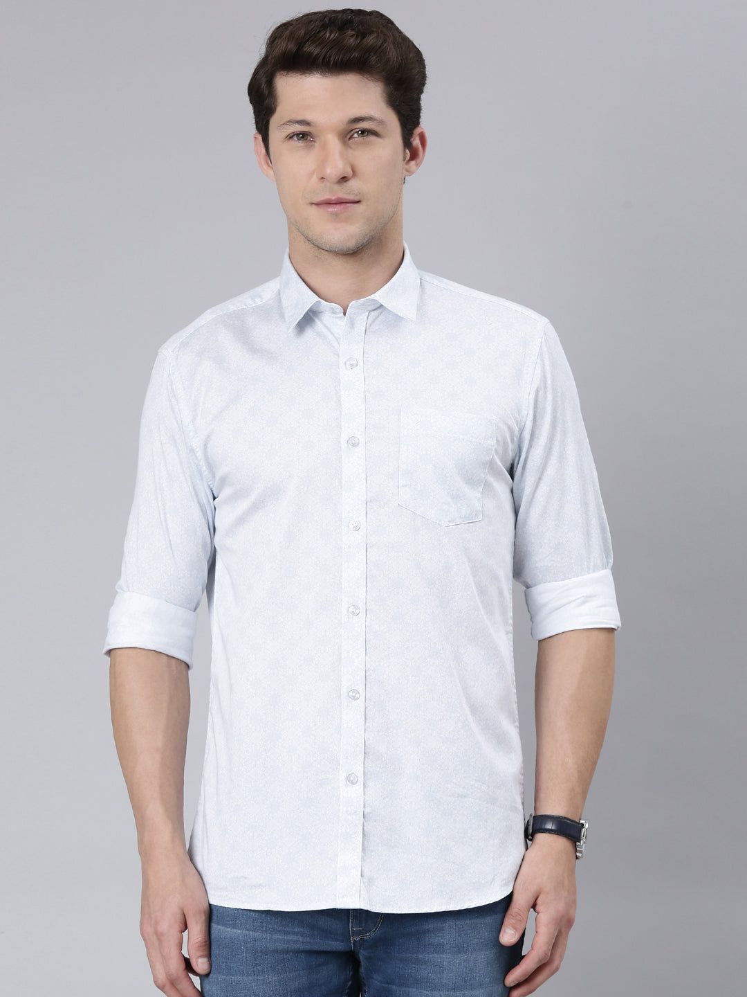 Classic Polo Men's Full Sleeve Lt.Blue Polo Neck 100% Cotton Slim Fit Shirt | SP2-150-PRT-SF FS