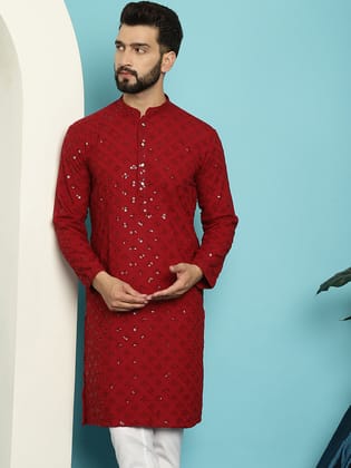 Men's Pure Cotton Maroon Embroidered 4Booti Sequence Kurta-36