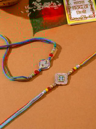 NVR Men Set of 2 Multicolor Artificial Stones Thread Rakhi with Roli Chawal Chandan & Mishri-One Size / Multicolor