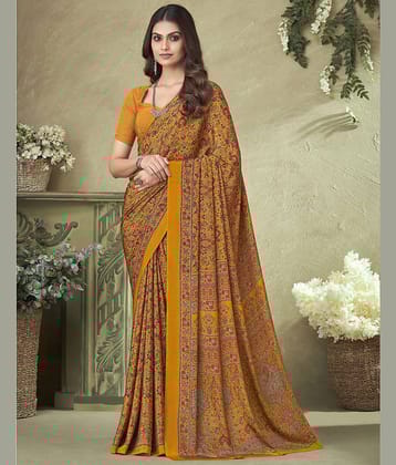 Satrani Crepe Printed Saree With Unstitched Blouse Piece ( Mustard )