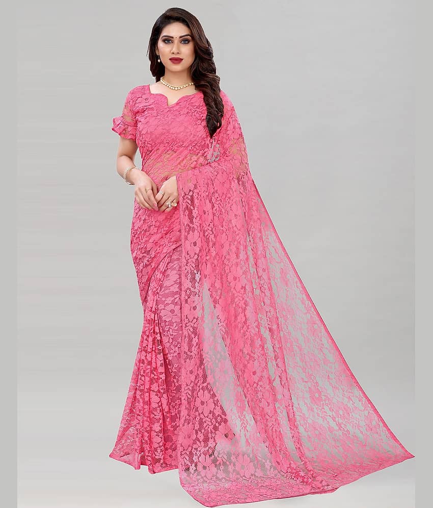 Saadhvi Net Cut Outs Saree Without Blouse Piece ( Pink )