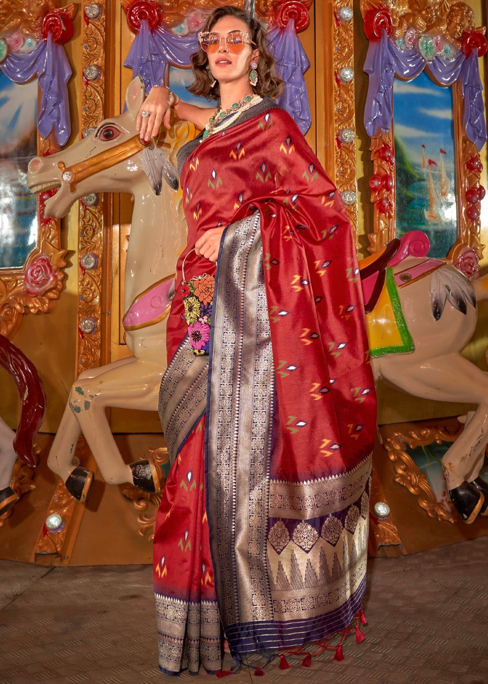 Rosy Red Woven Banarasi Soft Silk Saree