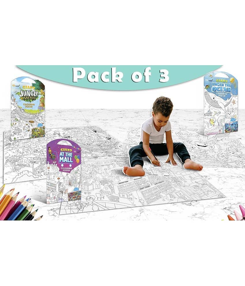 GIANT JUNGLE SAFARI COLOURING POSTER, GIANT AT THE MALL COLOURING POSTER and GIANT UNDER THE OCEAN COLOURING POSTER | Combo pack of 3 posters I Colourful Illustrated Posters