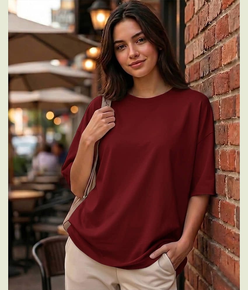 AOOSH Women Cotton Blend Solid Oversized Fit Round Neck T-Shirt ( Green )