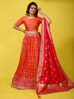 Orange Banarasi Semi-Stitched Lehenga Choli