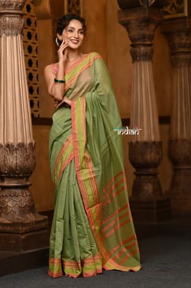 Parampara ~ Cotton Blend Saree in Regal Leaf Green with Exclusive Zari Border & Pallu