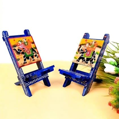 Mobile Holder Stand | Folding Chair Miniature Showpiece | Cell Phone Stand Holder - For Table, Bed, Office Desk, Home Decor & Gifts - 7 Inch (Wood, Blue) (Pack of 2)